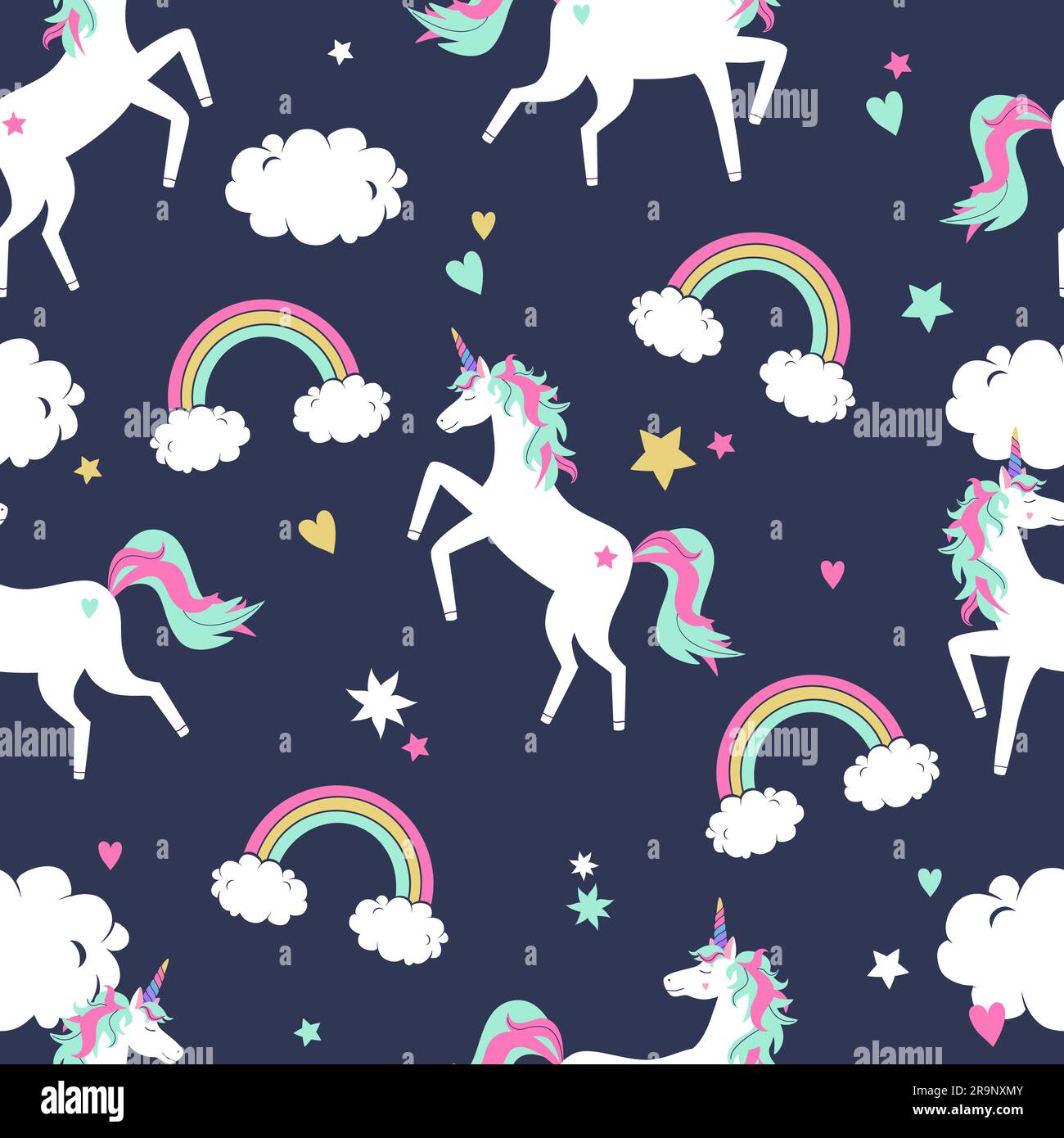 Vector cute seamless pattern with unicorns, rainbows and clouds Stock Vector