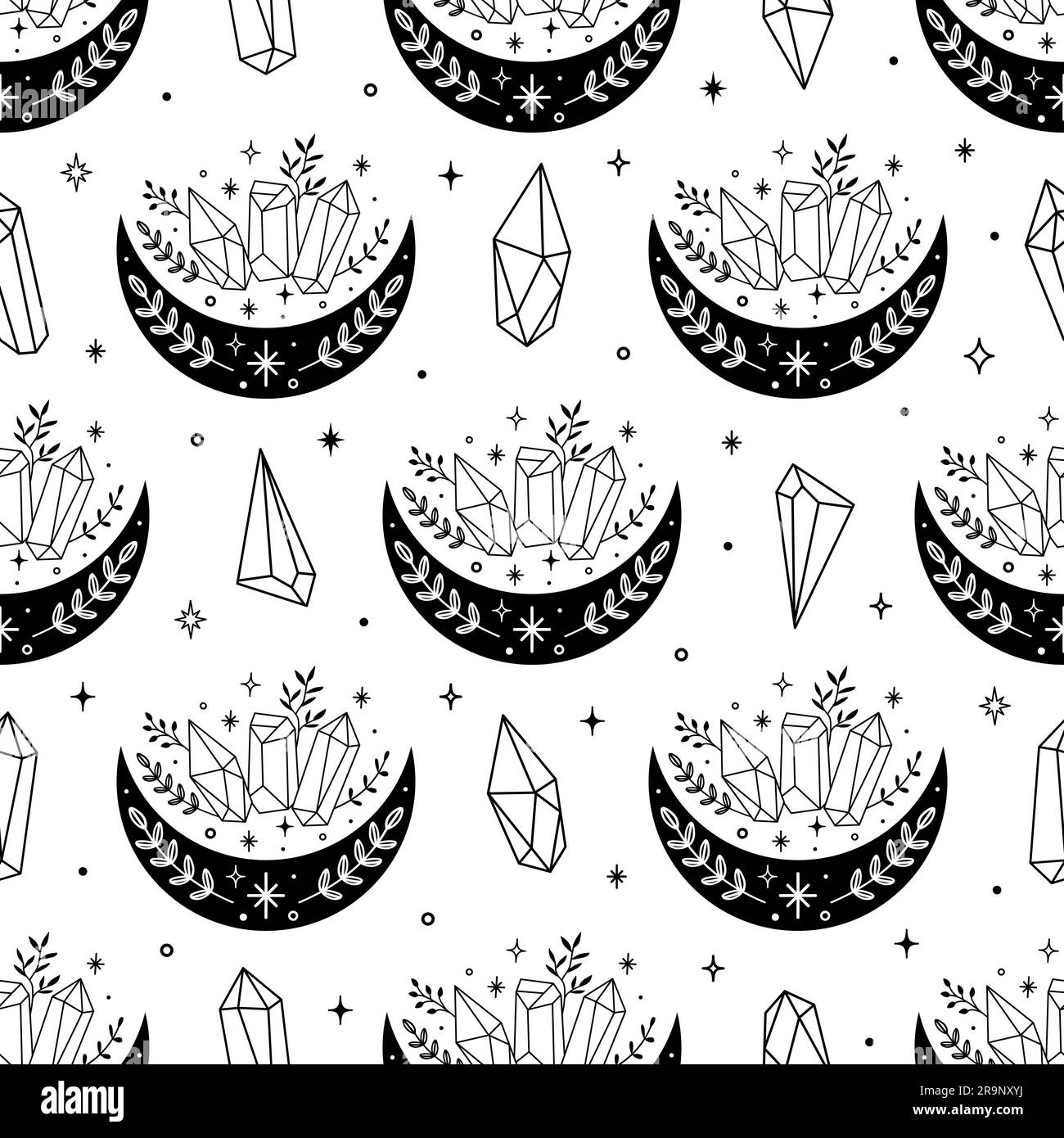 Vector magic celestial seamless pattern with moon, stars and mystic crystals. Boho abstract esoteric background with witchcraft symbols for fashion, f Stock Vector
