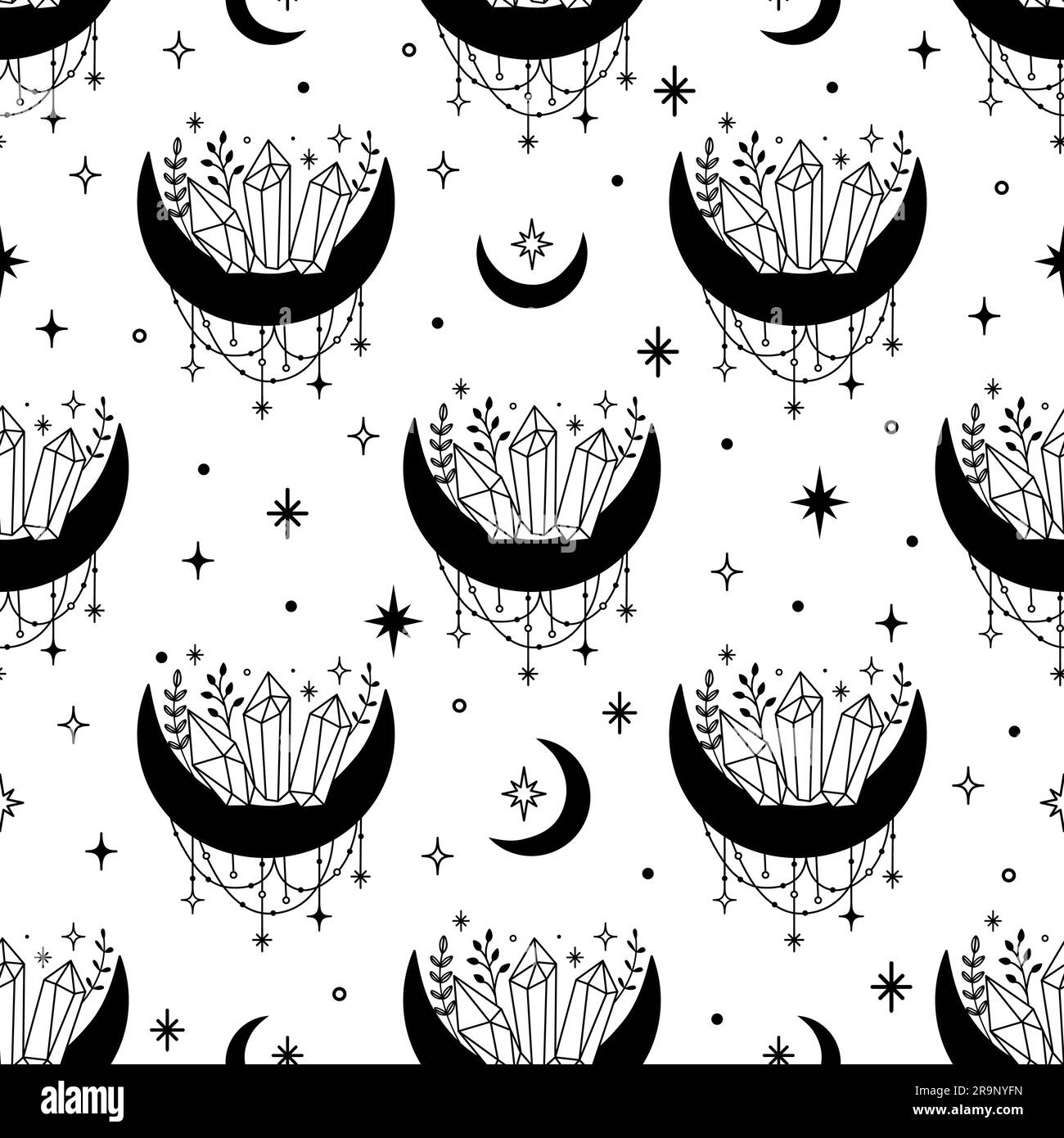 Vector magic celestial seamless pattern with moon, stars and mystic crystals. Boho abstract esoteric background with witchcraft symbols for fashion, f Stock Vector