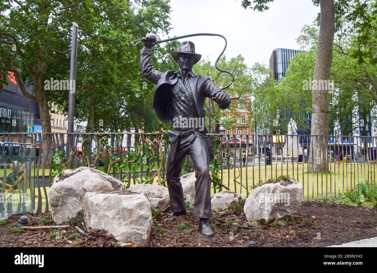 London, UK. 28th June 2023. A new sculpture of Indiana Jones has been unveiled in Leicester
