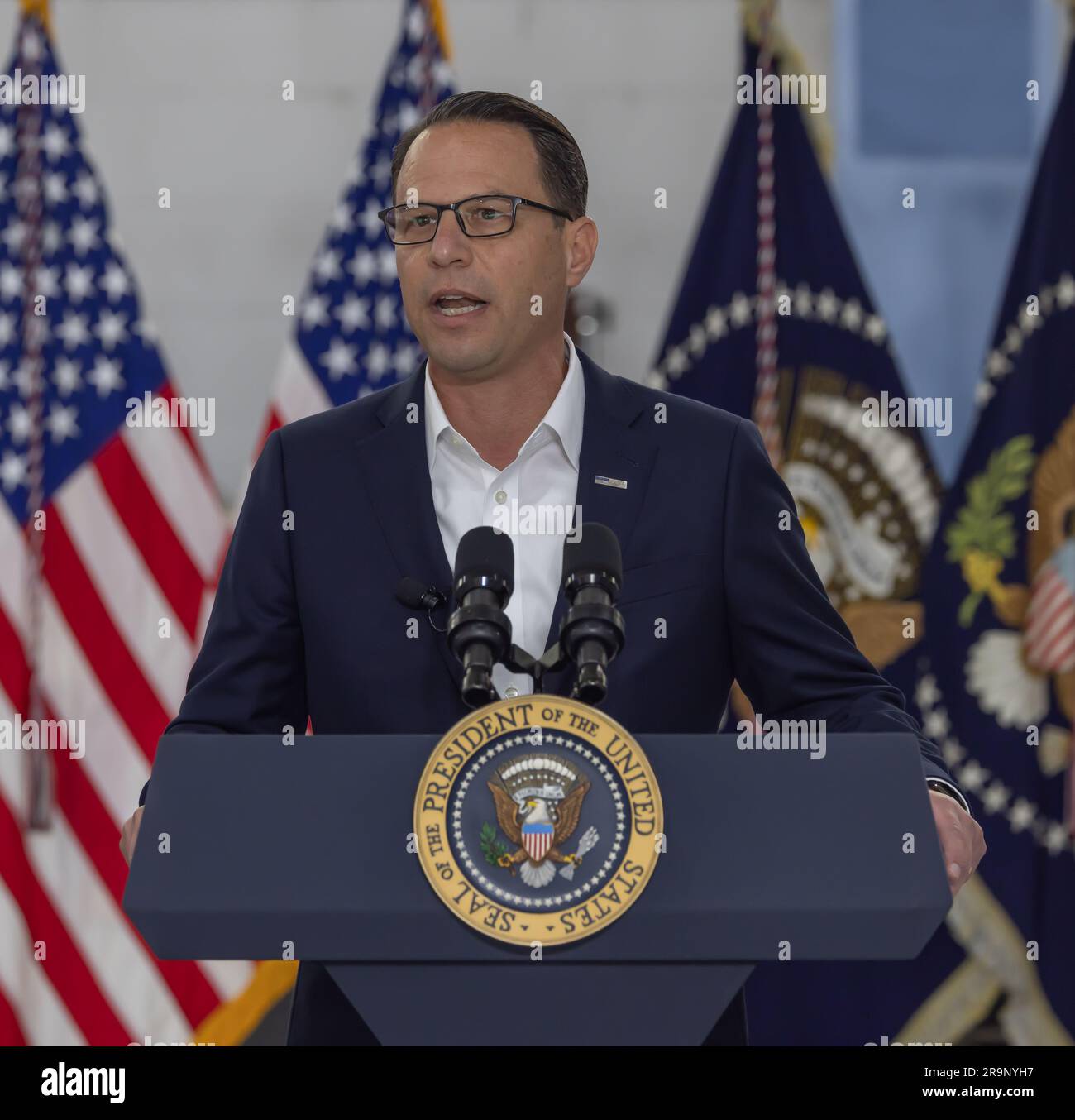 PHILADELPHIA, Pa. – June 17, 2023: Pennsylvania Governor Josh Shapiro (D) delivers remarks at a briefing on I-95 repair efforts. Stock Photo