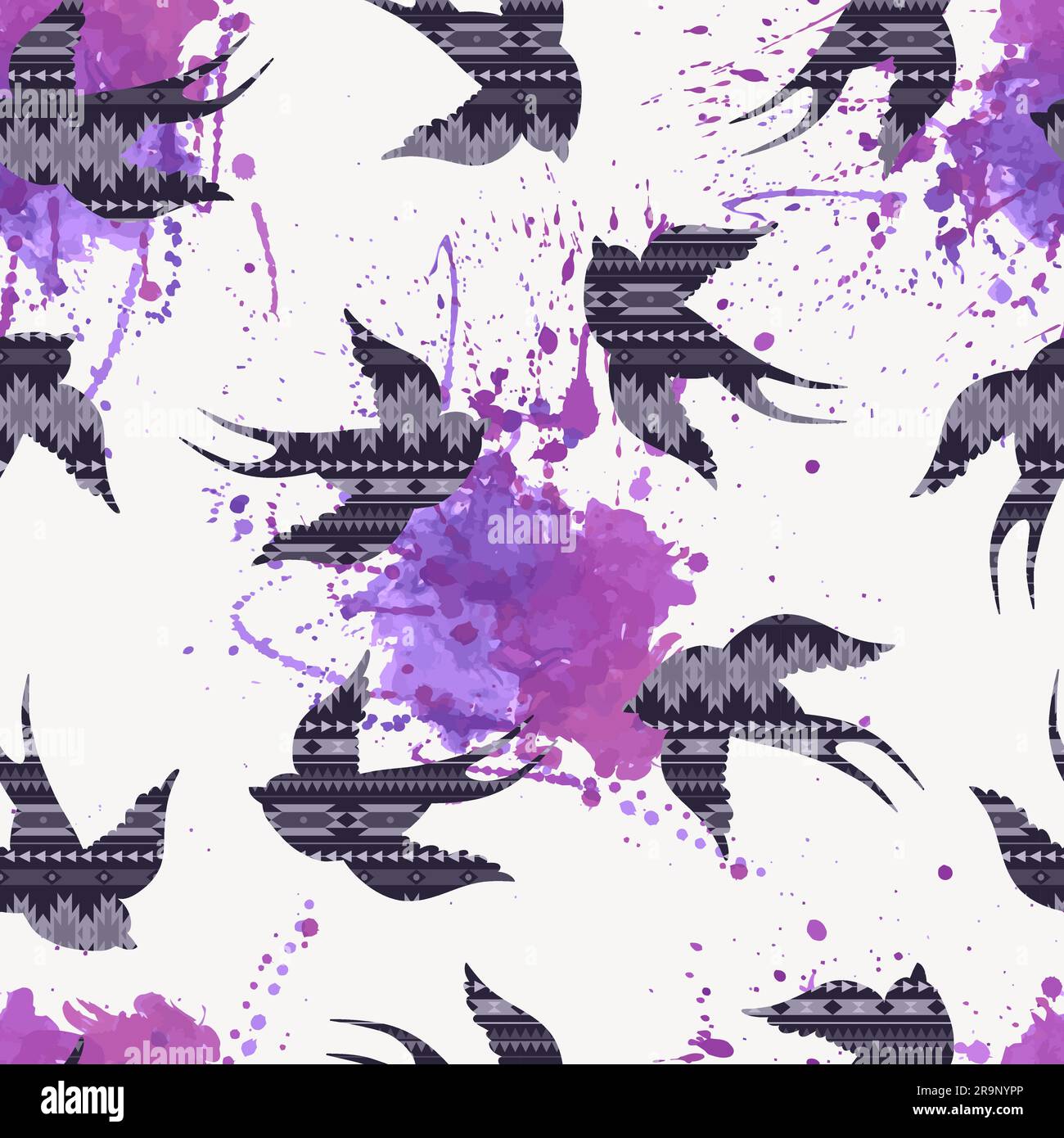 Vector seamless decorative ethnic pattern with swallows and watercolor splashes Stock Vector