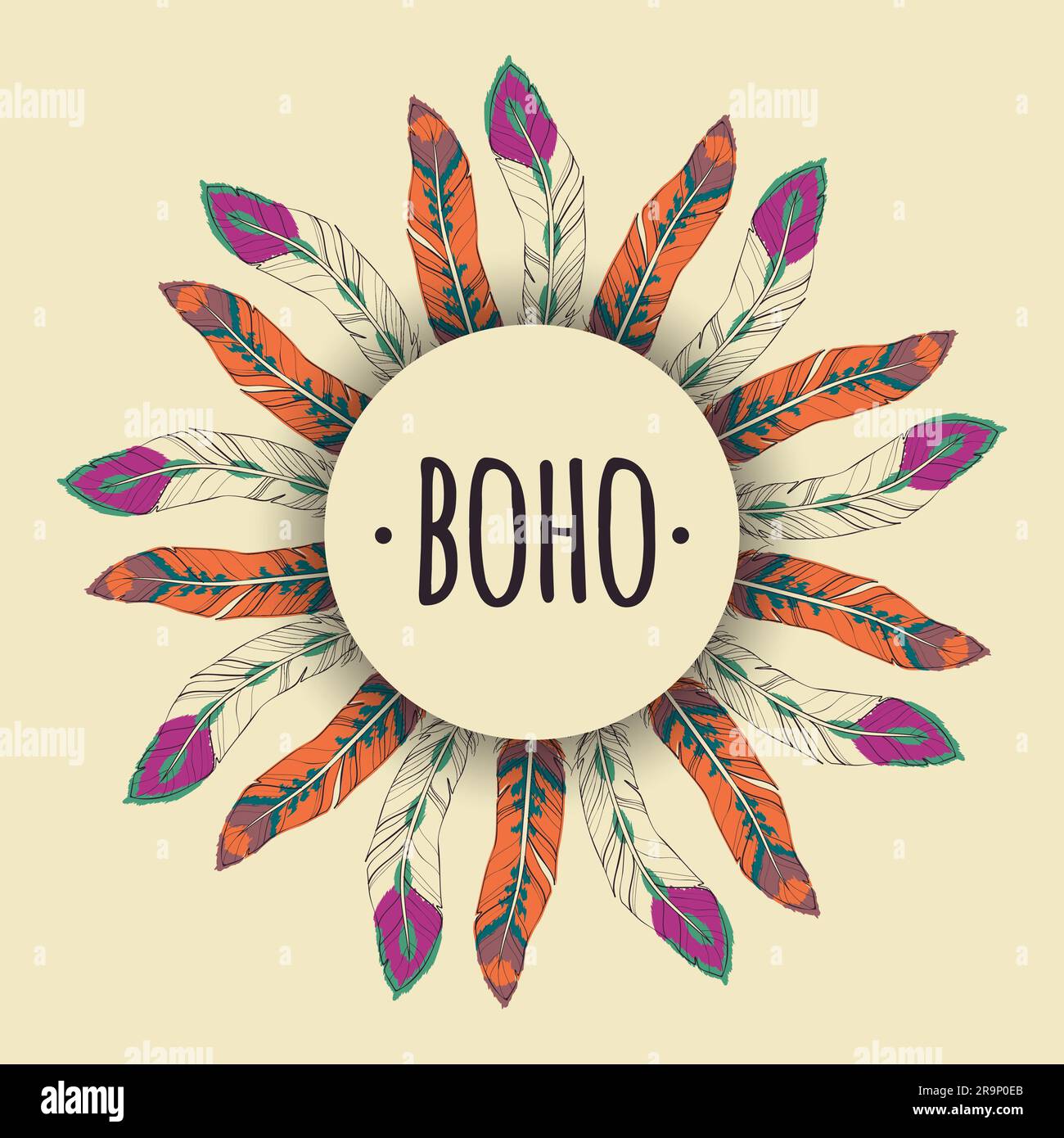 Vector ethnic illustration with feather frame in boho style. Tribal ...