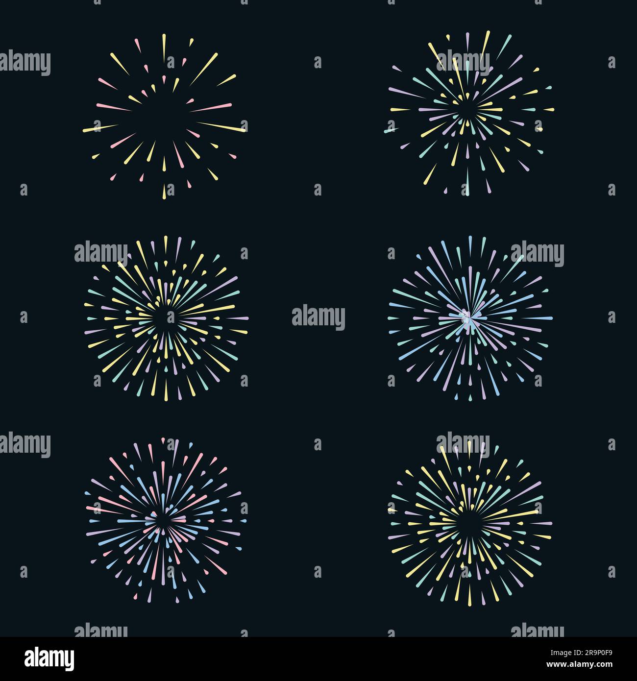 Vector set with colorful fireworks on dark background Stock Vector