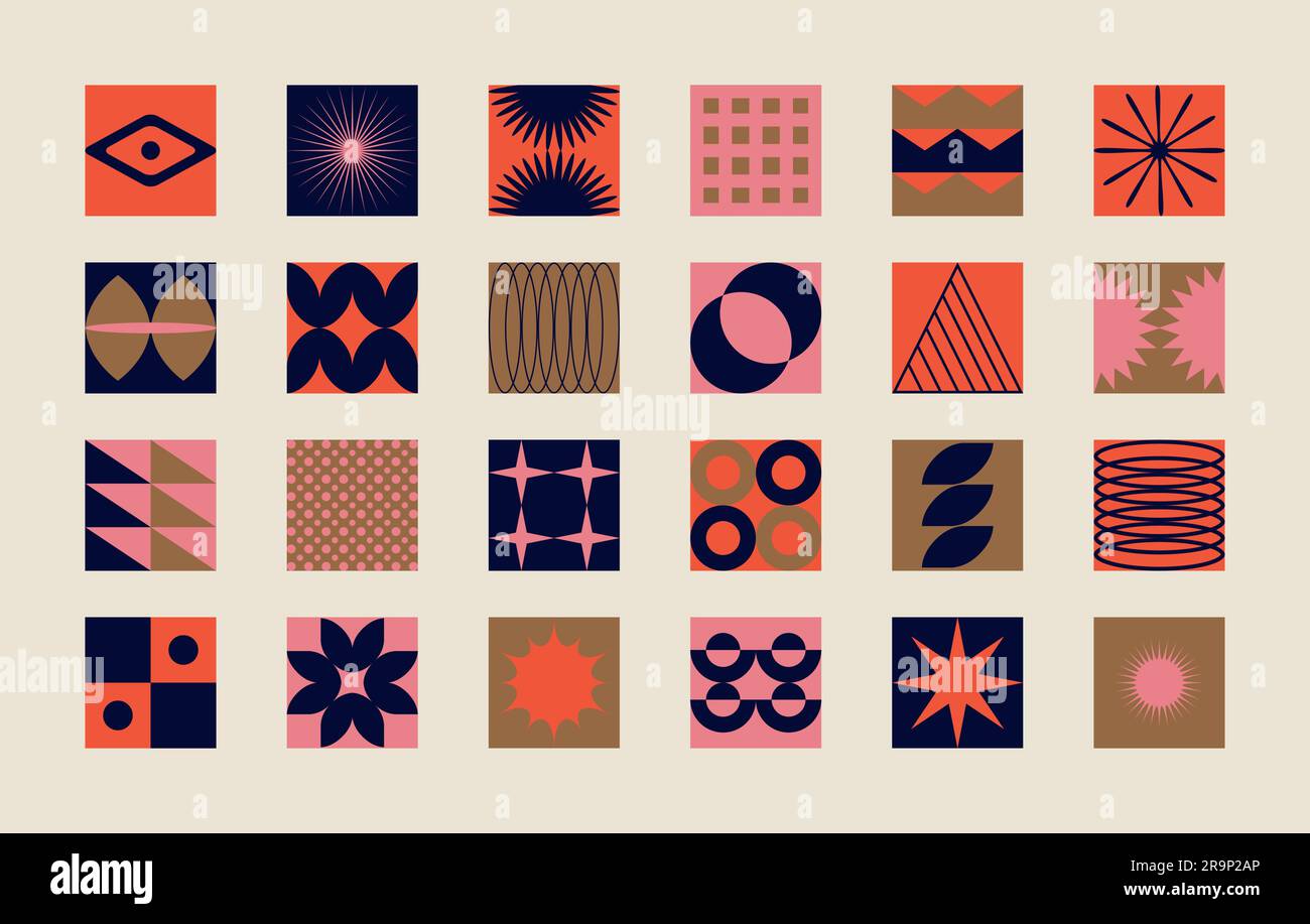 Vector set of abstract colorful minimalistic patchwork geometric elements. Contemporary simple various zigzag shapes, curves, lines, triangles, circle Stock Vector