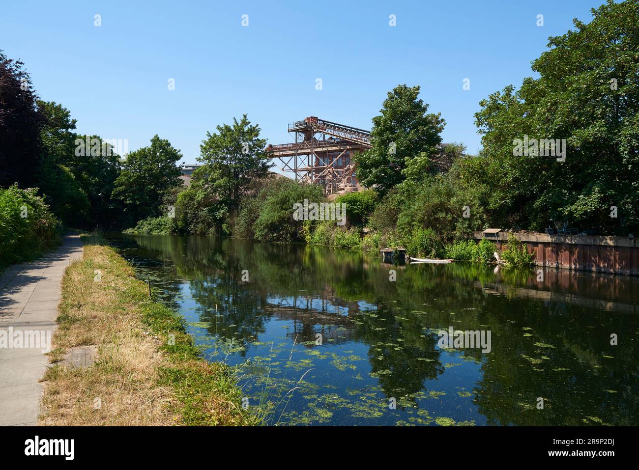 The River Lea Navigation looking south towards Bow, East London UK, in summertime Stock Photo