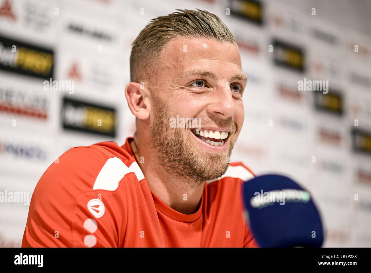 Antwerp, Belgium. 28th June, 2023. Illustration picture shows a print of 23  Antwerp's Toby Alderweireld and the exact game clock moment when he scored  the winning goal at KRC Genk printed on