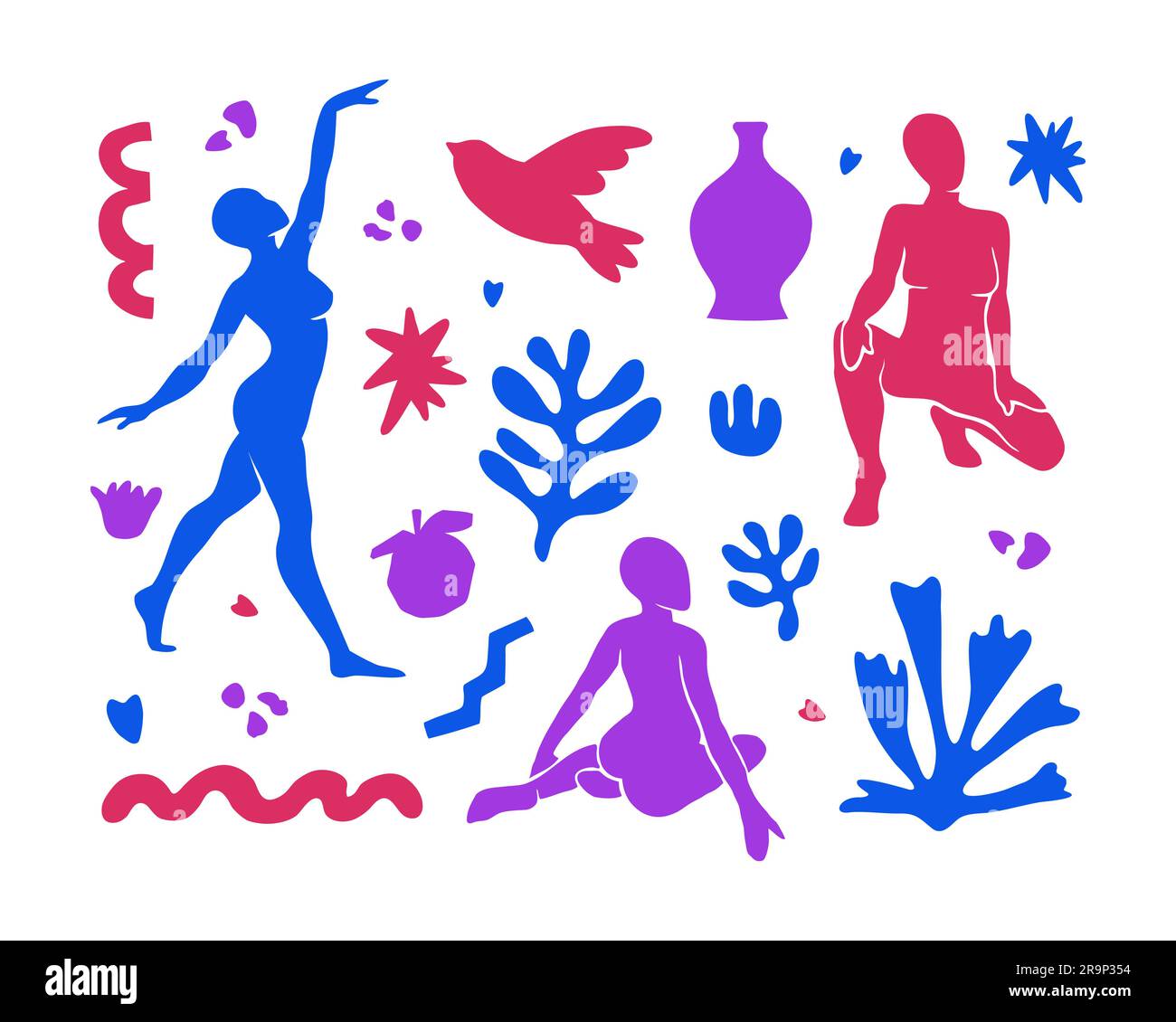 Vector set with trendy aesthetic elements inspired by modern minimal Matisse cut out style. Geometric shapes, flowers, plants, female figures for prin Stock Vector