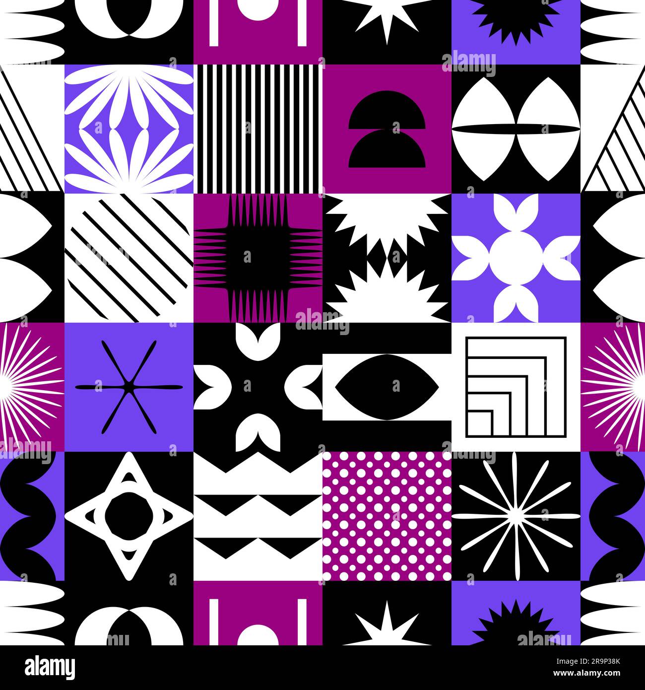 Vector seamless pattern with abstract colorful minimalistic patchwork geometric elements. Contemporary simple various shapes, curves, lines, zigzag. P Stock Vector