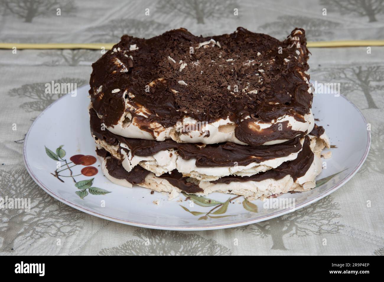 Chocolate coffee gateau cake uncuton decoratibe plate Stock Photo