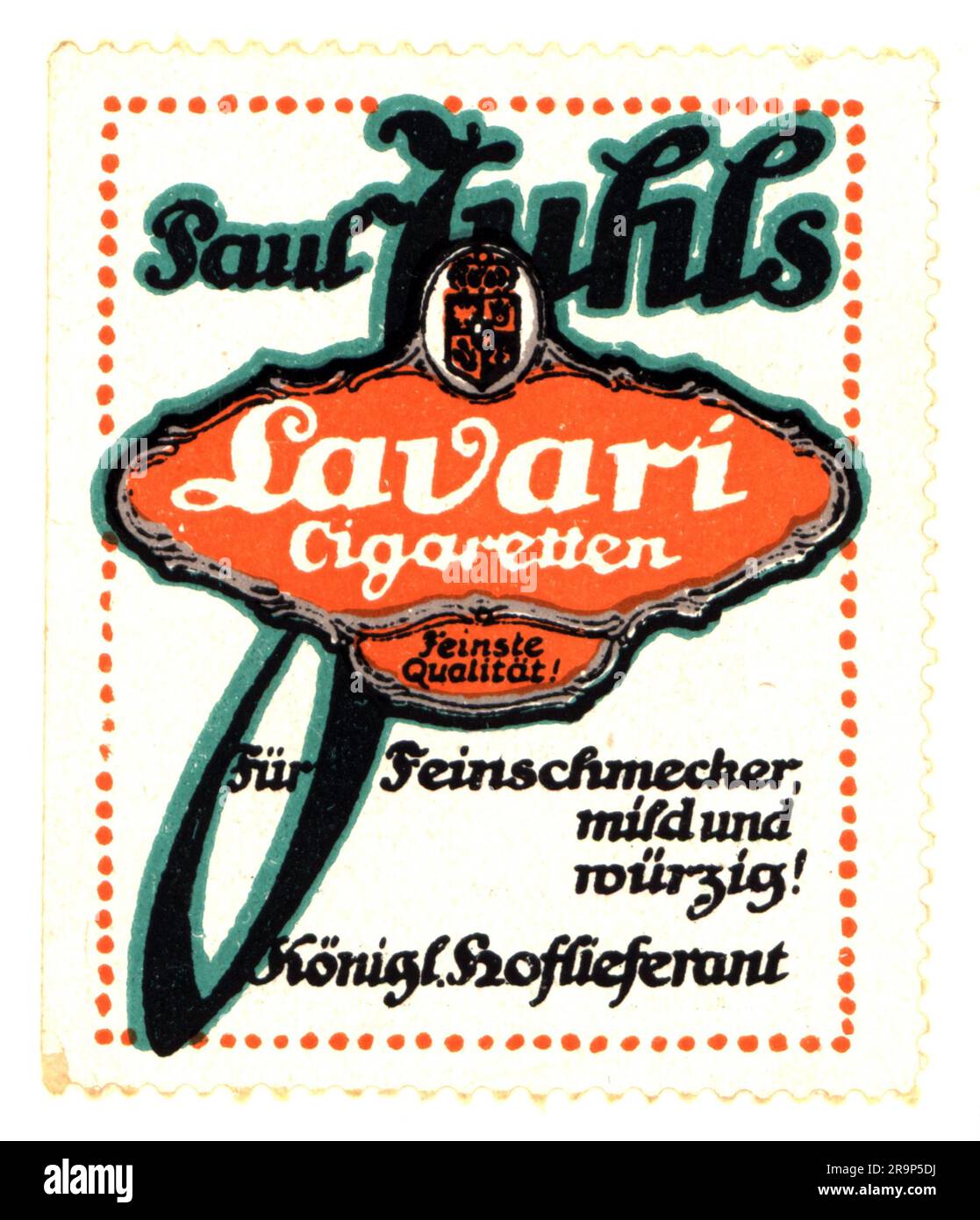advertising, tobacco, Lavari cigarettes, Paul Juhl Tabakindustrie-Gesellschaft, Pankow, poster stamp, ADDITIONAL-RIGHTS-CLEARANCE-INFO-NOT-AVAILABLE Stock Photo