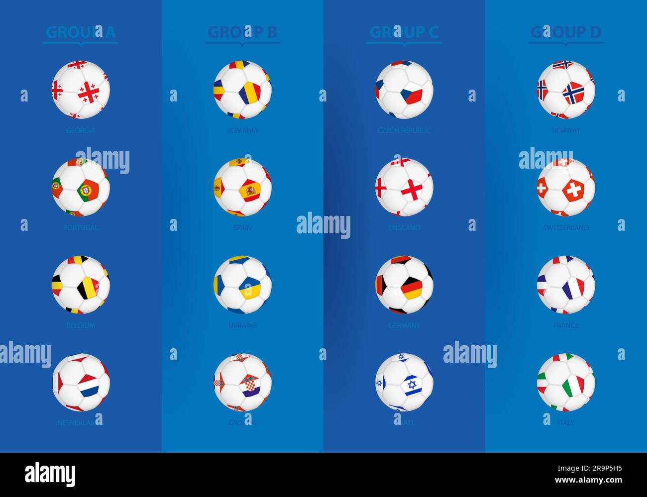 Flags of under 21 European football tournament 2023 sorted by group, flags in the style of a soccer ball. Vector collection. Stock Vector