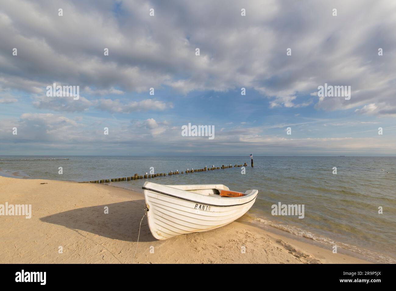 Fishing boat on the beach at Bansin on the island of Usedom. Mecklenburg Western Pomerania, Germany Stock Photo