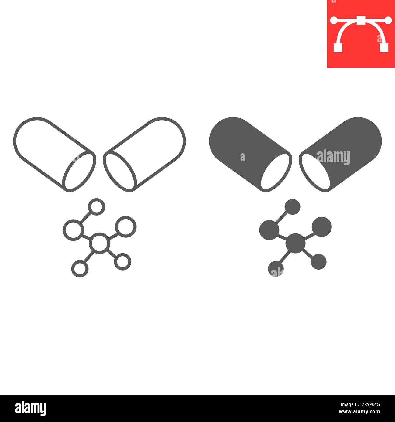 Amino acids line and glyph icon, supplements and vitamins, capsule with bcaa vector icon, vector graphics, editable stroke outline sign, eps 10. Stock Vector