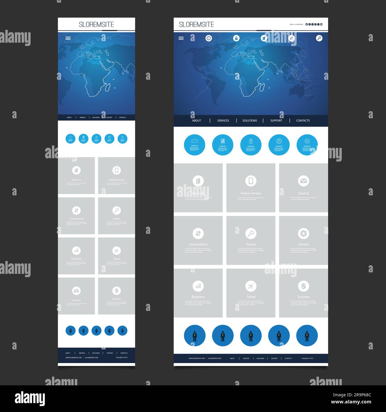 Responsive one page website template header design with world map