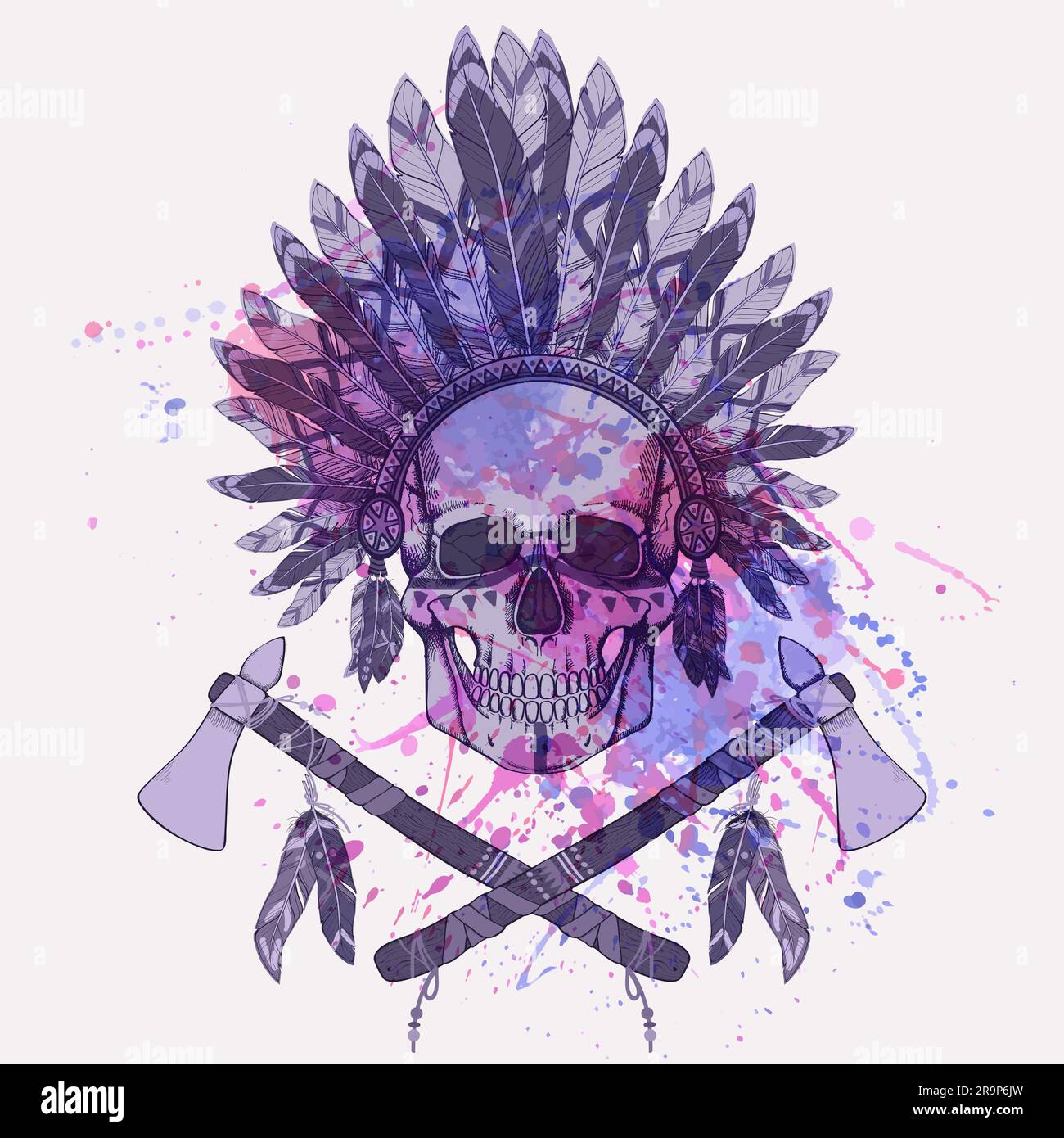 Vector grunge illustration of human skull in native american indian ...