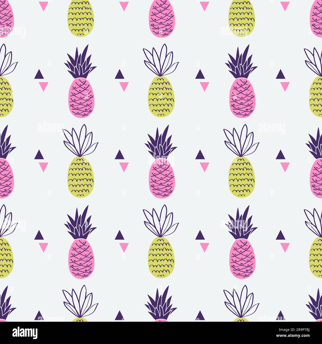 Vector seamless pattern with pineapples and triangles. Cute summer fruit background. Stock Vector