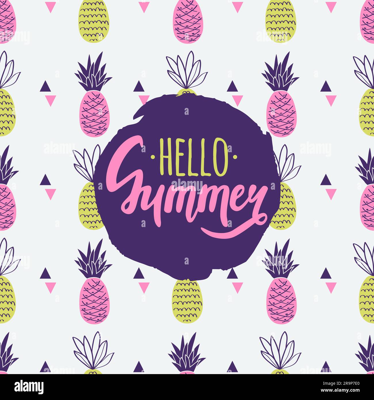 Vector seamless pattern with pineapples, triangles and "Hello Summer" lettering. Cute summer fruit background. Stock Vector