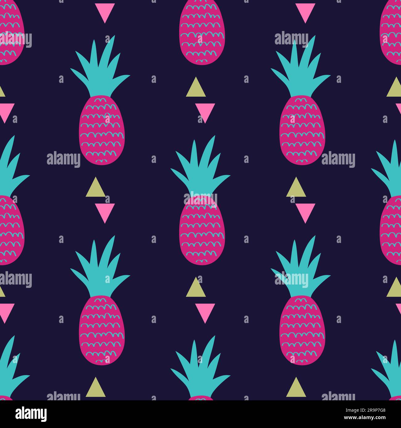 Vector seamless pattern with pineapples and triangles. Cute summer fruit background. Stock Vector