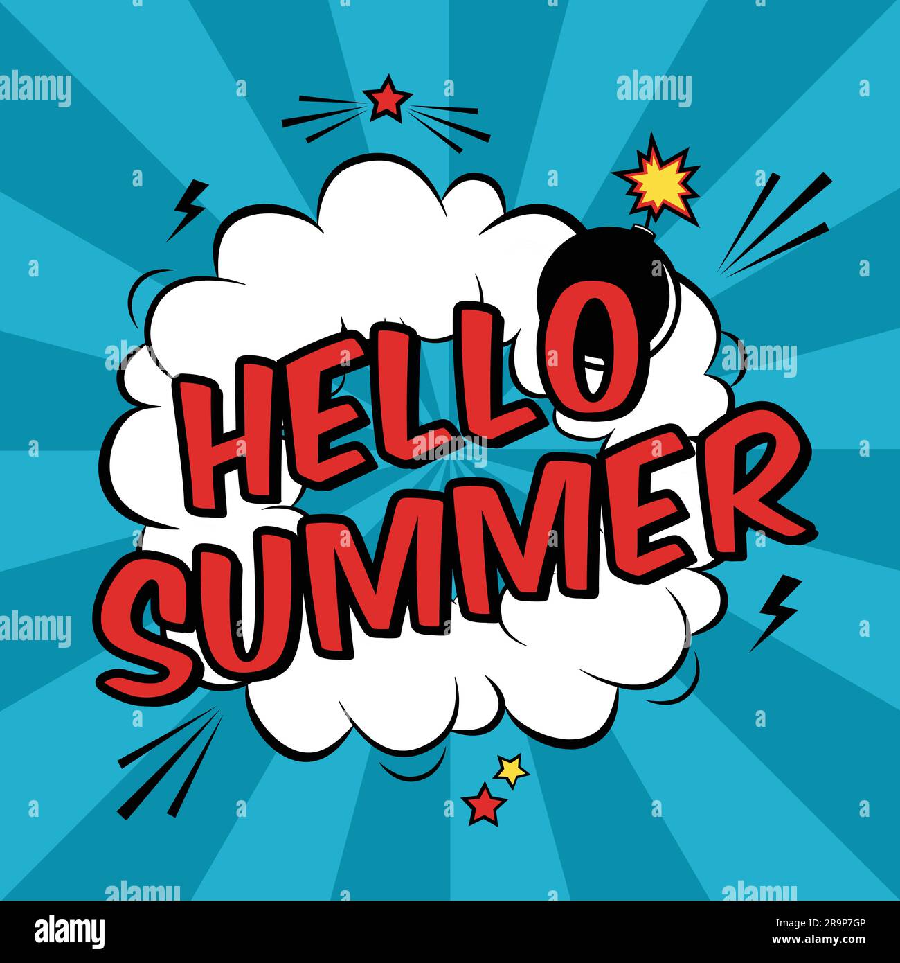 Vector colorful pop art illustration with Hello Summer phrase. Decorative template with cloud and bomb explosion in modern comics style. Stock Vector