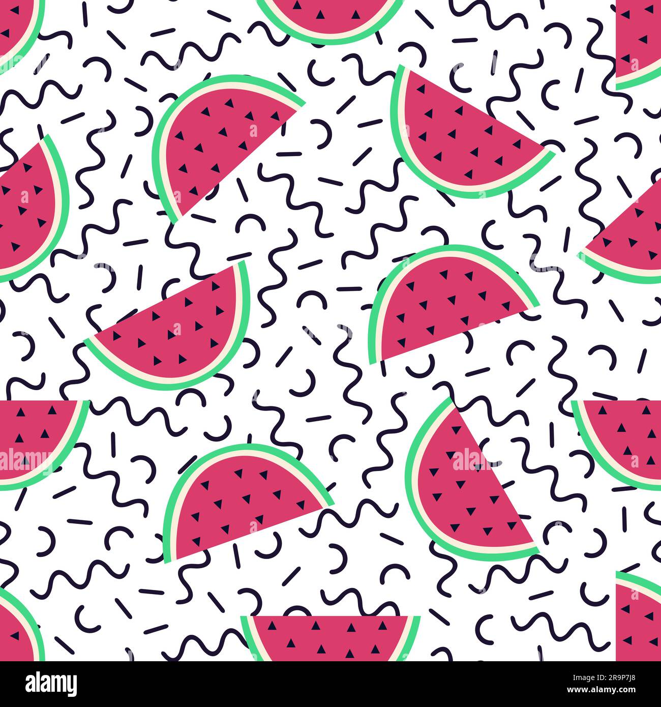 Vector seamless pattern with watermelon and geometric elements in memphis style. Summer tropical design Stock Vector