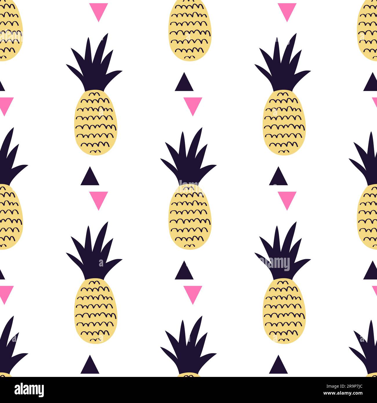 Vector seamless pattern with pineapples and triangles. Cute summer fruit background. Stock Vector