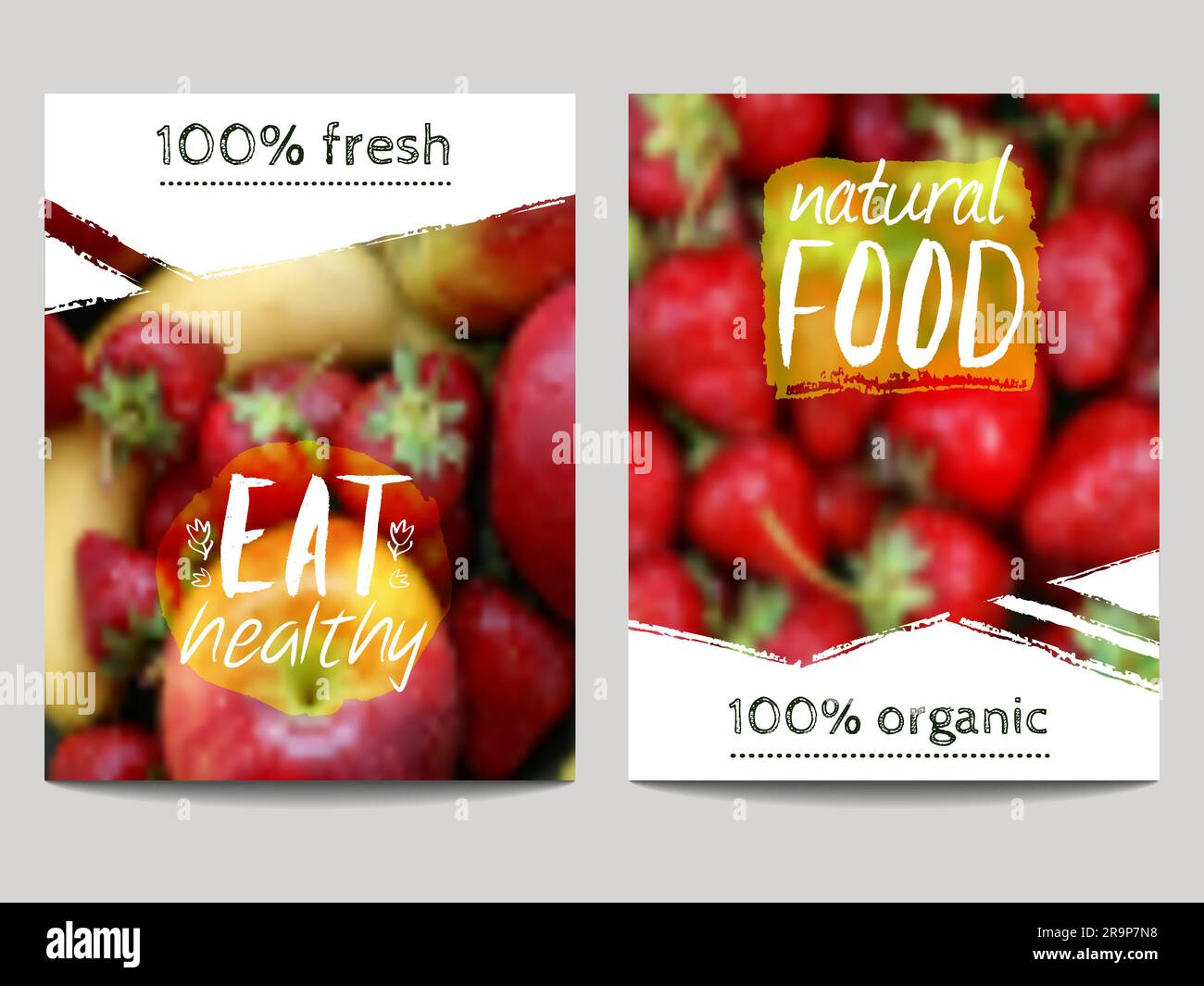 Vector brochure design template with blur background with fruits and eco labels. Healthy fresh food, vegetarian, eco concept. Can be used for presenta Stock Vector