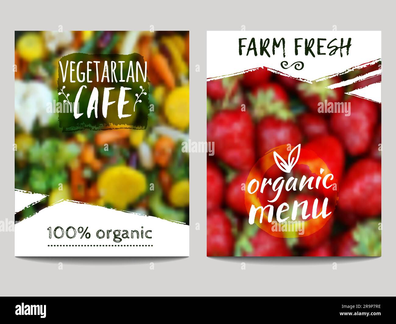 Vector brochure design template with blur background with vegetables, fruits and eco labels. Healthy fresh food, vegetarian, eco concept. Can be used Stock Vector