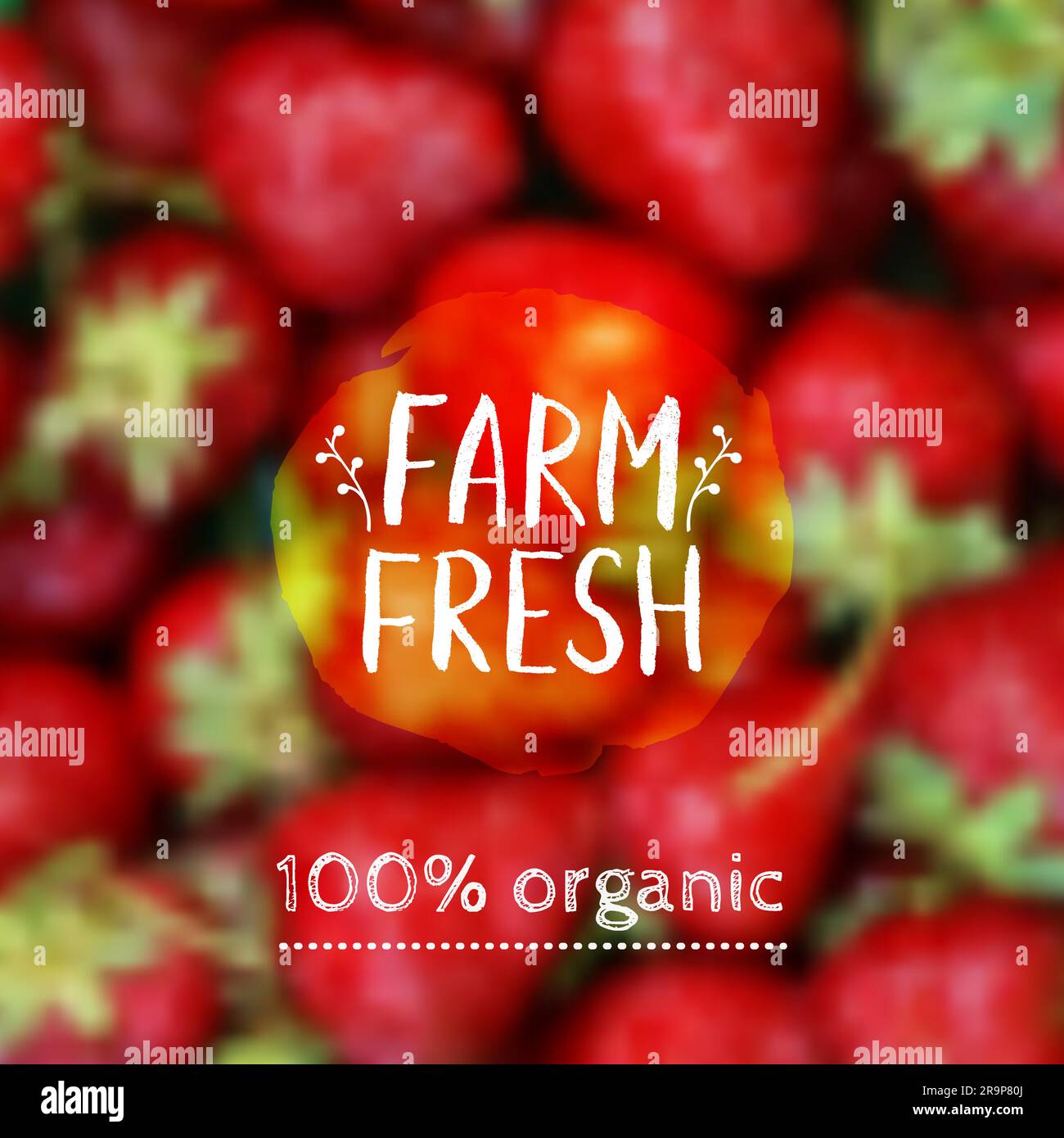 Vector blurred background with strawberry and eco label. Healthy fresh fruit food, vegetarian and eco concept. Can be used for presentation, web, flye Stock Vector