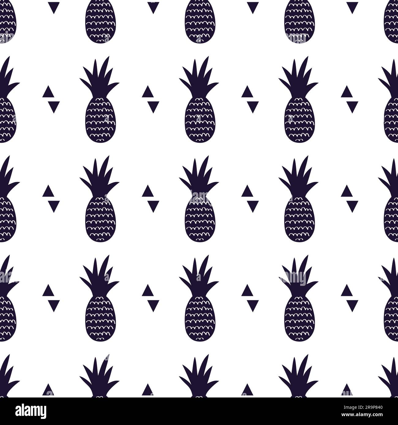 Vector monochrome seamless pattern with pineapples and triangles. Cute summer fruit background. Stock Vector