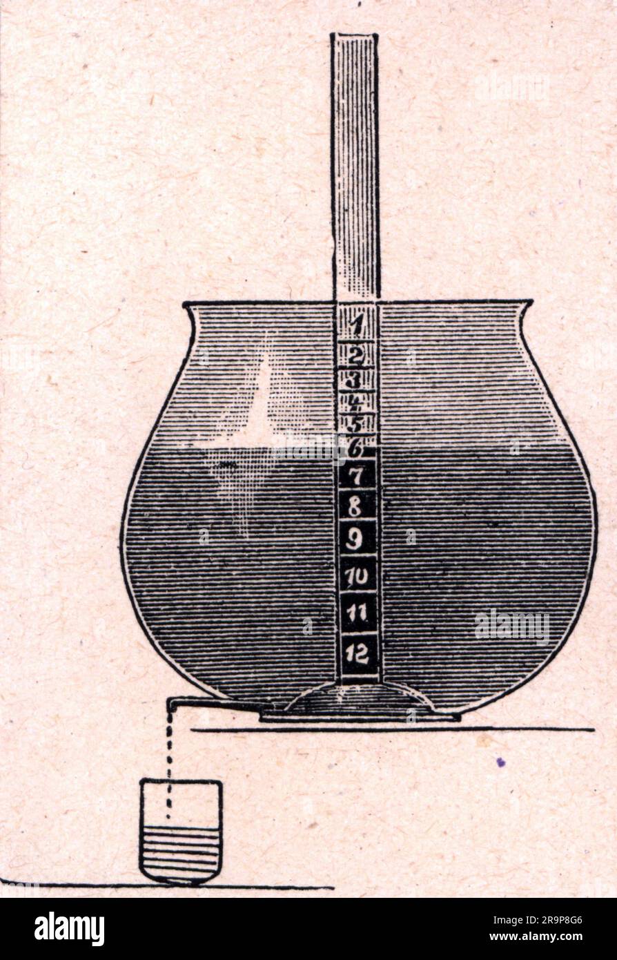 clock, wasser / steam clock, water clock, schematic representation, wood engraving 19th century, ARTIST'S COPYRIGHT HAS NOT TO BE CLEARED Stock Photo