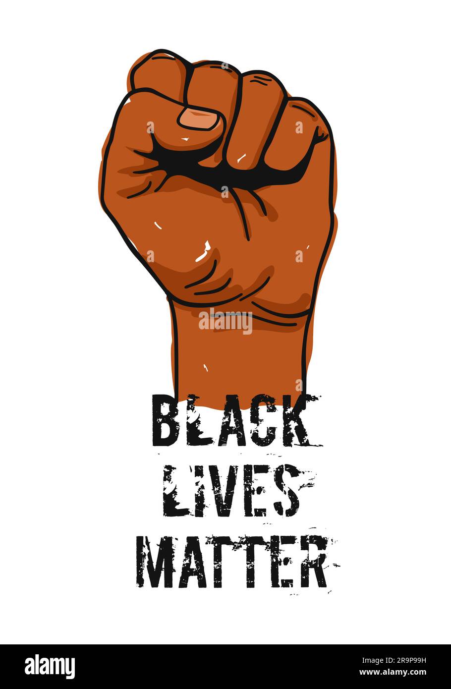 Vector illustration of Black Lives Matter text, clenched fist held high in protest. Hand raised up isolated. Human rights and equality concept. Sticke Stock Vector