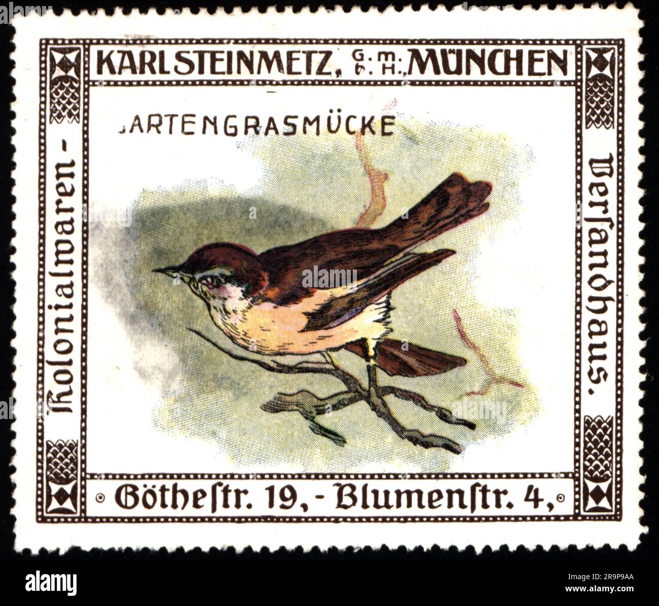 advertising, food, colonial goods catalogue company Karl Steinmetz GmbH, Munich, poster stamp, ADDITIONAL-RIGHTS-CLEARANCE-INFO-NOT-AVAILABLE Stock Photo