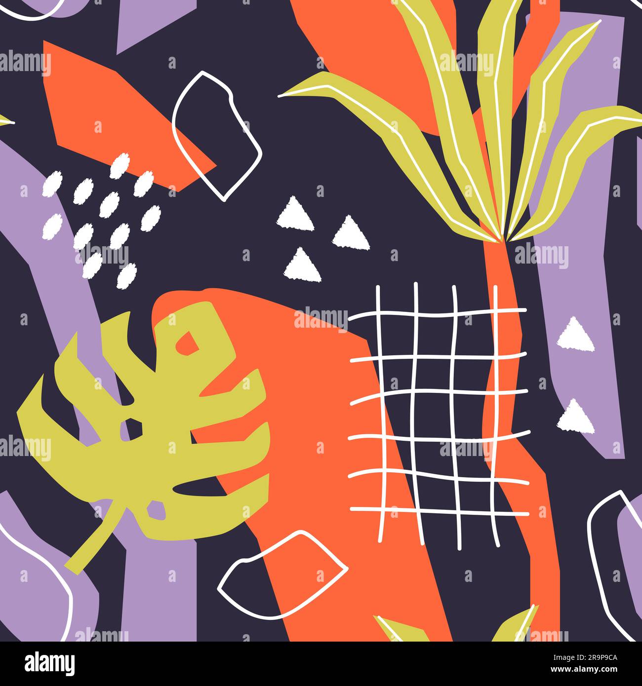 Vector seamless pattern with tropical jungle leaves, plants, various