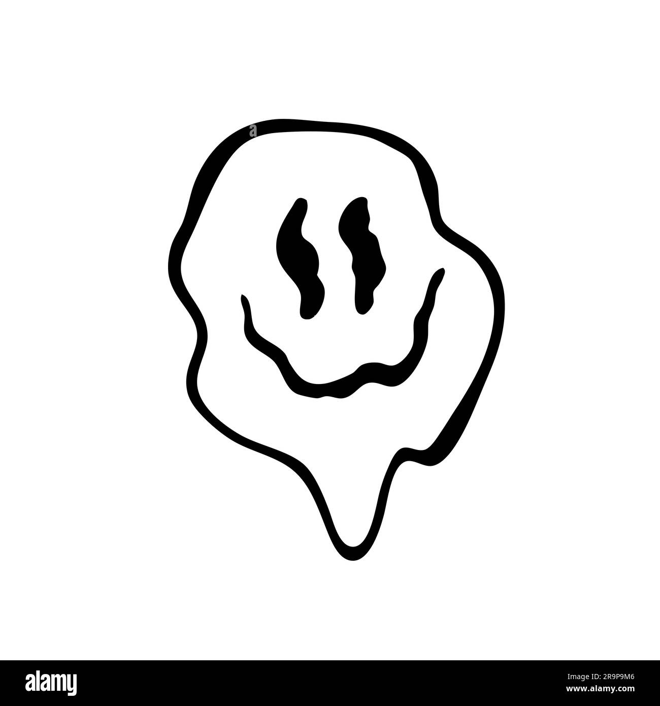 Vector illustration of funny melting smiling face isolated on white background. Linear happy smiling icon in retro psychedelic and trendy y2k hippie s Stock Vector