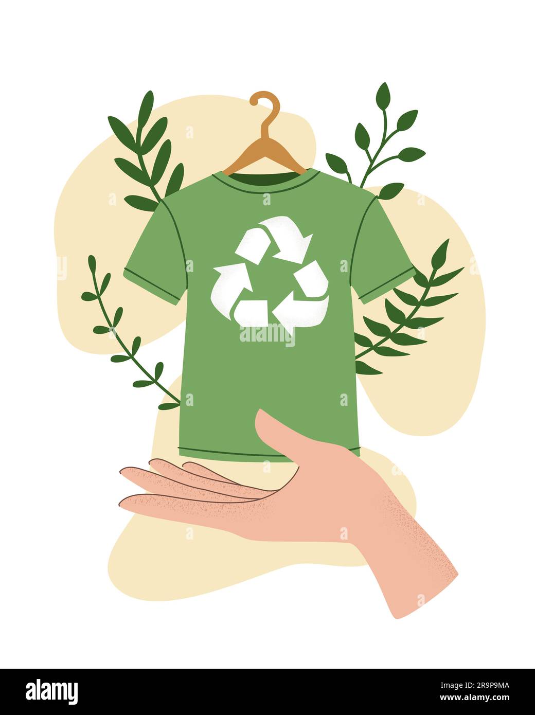 Vector illustration of hand holding green recycling tshirt, clothes