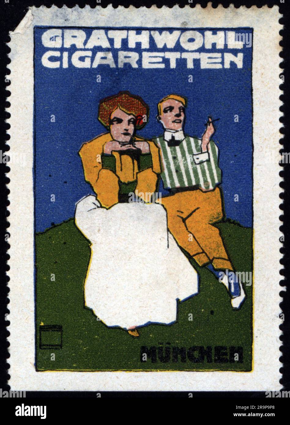 tobacco munich advertising, tobacco, Grathwohl cigarettes, Munich, poster stamp, circa  1910, ADDITIONAL-RIGHTS-CLEARANCE-INFO-NOT-AVAILABLE Stock Photo