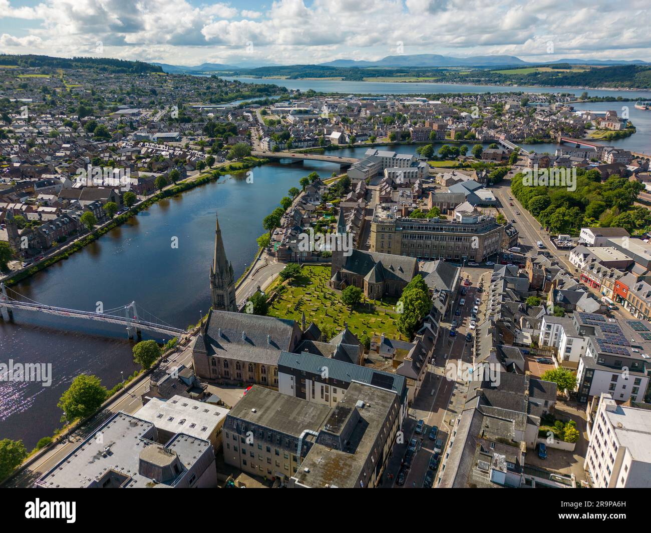 Aerial drone photo of the town centre and churches in Inverness next to