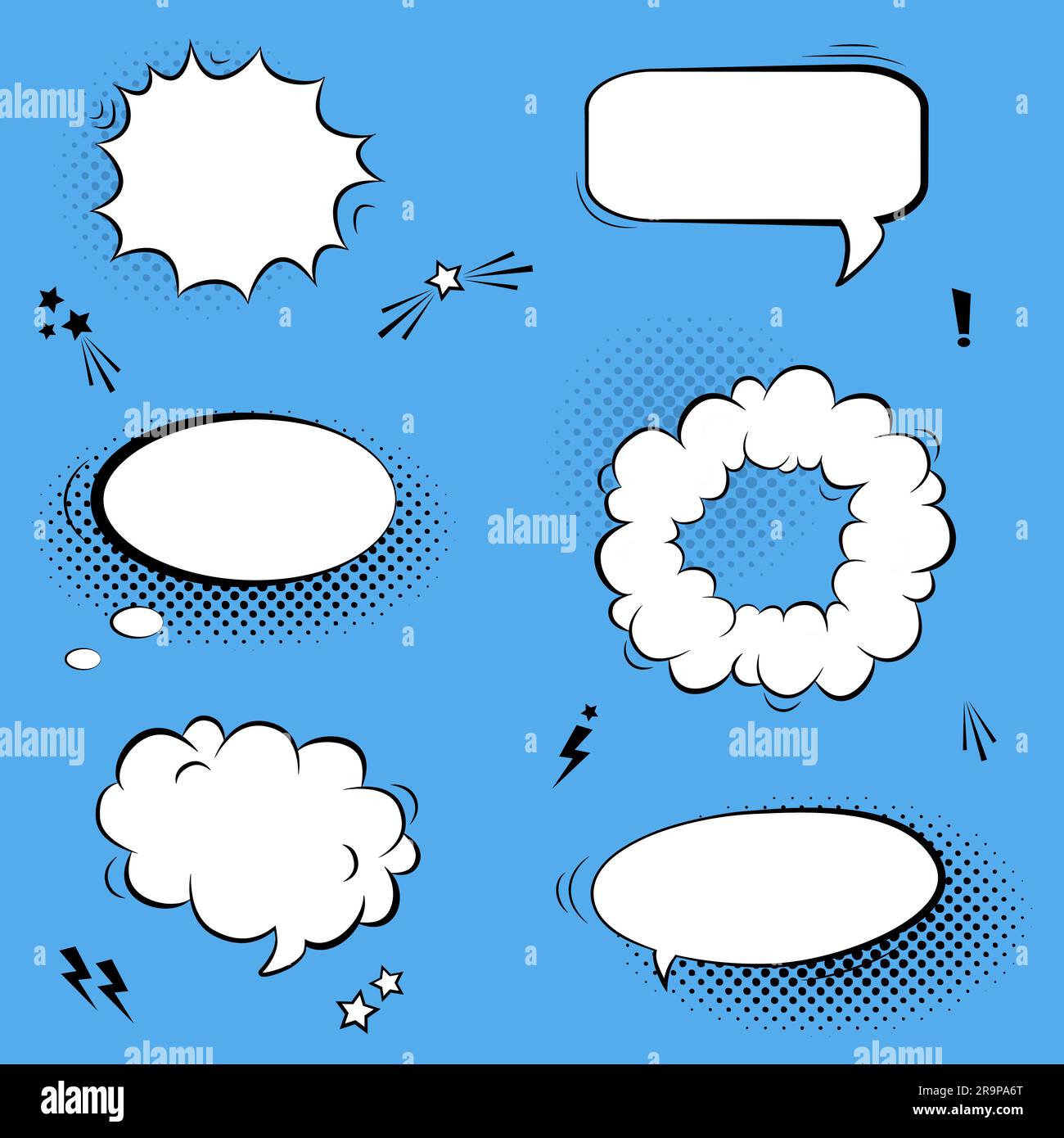 Vector set with comic speech bubbles, stars and halftone shadows Stock Vector