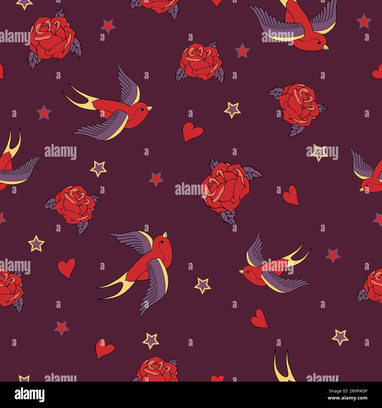 Vector seamless pattern with swallows, roses, hearts and stars Stock Vector