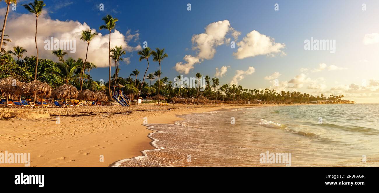 Coconut palm trees on white sandy beach against colorful sunset in Punta Cana, Dominican Republic. Dark silhouettes of palm trees and beautiful cloudy Stock Photo