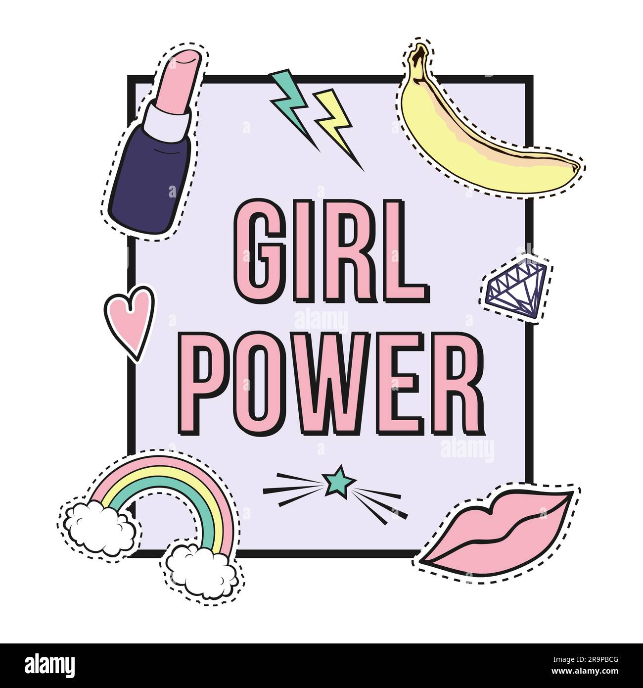 Vector poster 'Girl Power' with cute fashion patch badges: lips, rainbow, star, diamond, lipstick. Trendy collection of stickers, pins, patches in car Stock Vector