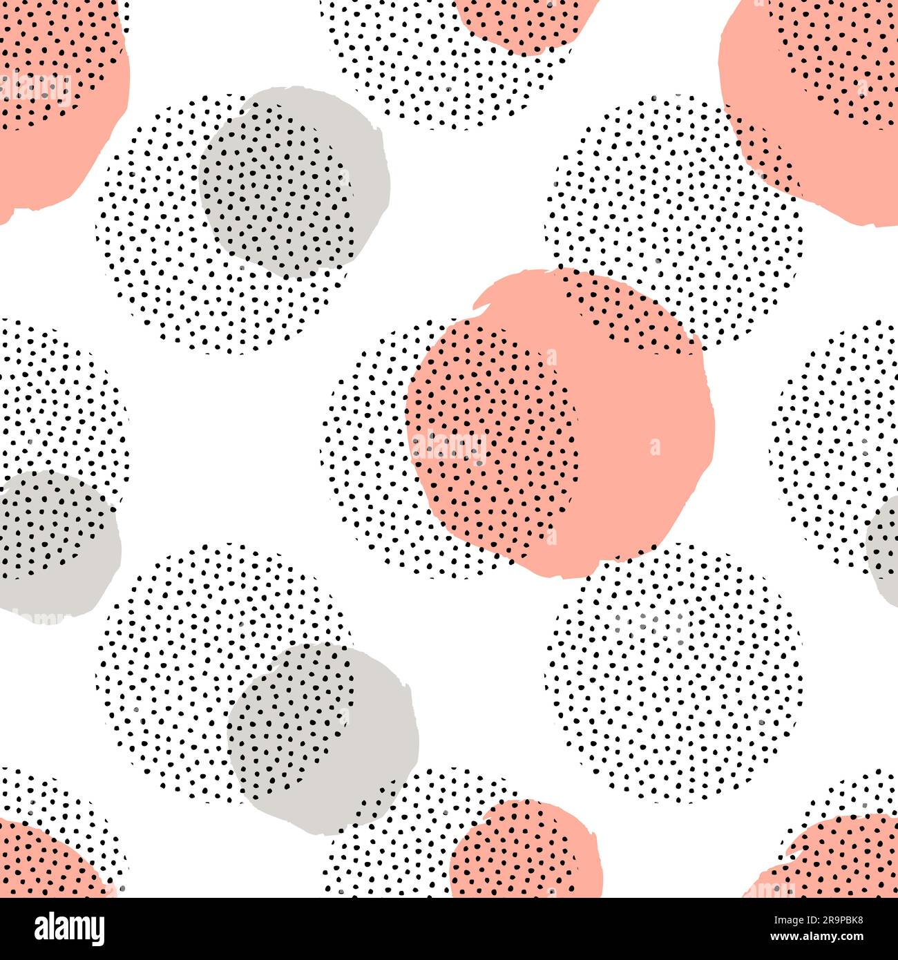 Vector seamless pattern with round dotted elements and golden circles. Trendy memphis background. Stock Vector