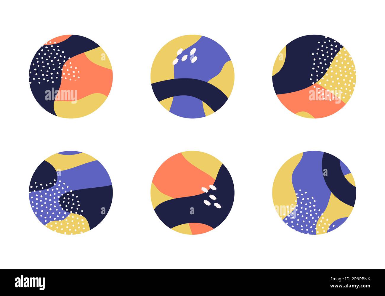 Vector set of various colorful highlight covers for social media stories. Abstract round icons with liquid shapes, lines, geometric elements. Hand dra Stock Vector