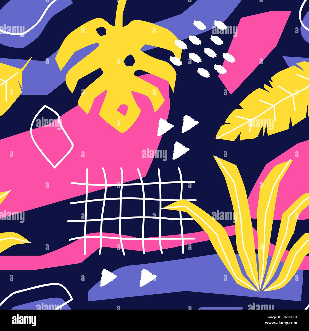 Vector seamless pattern with tropical jungle leaves, plants, various ...