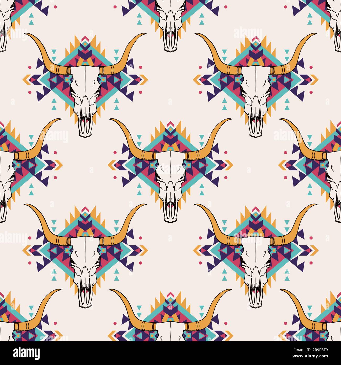 Vector tribal seamless pattern with bull skull and decorative ethnic ornament. Boho style. American indian motifs. Stock Vector