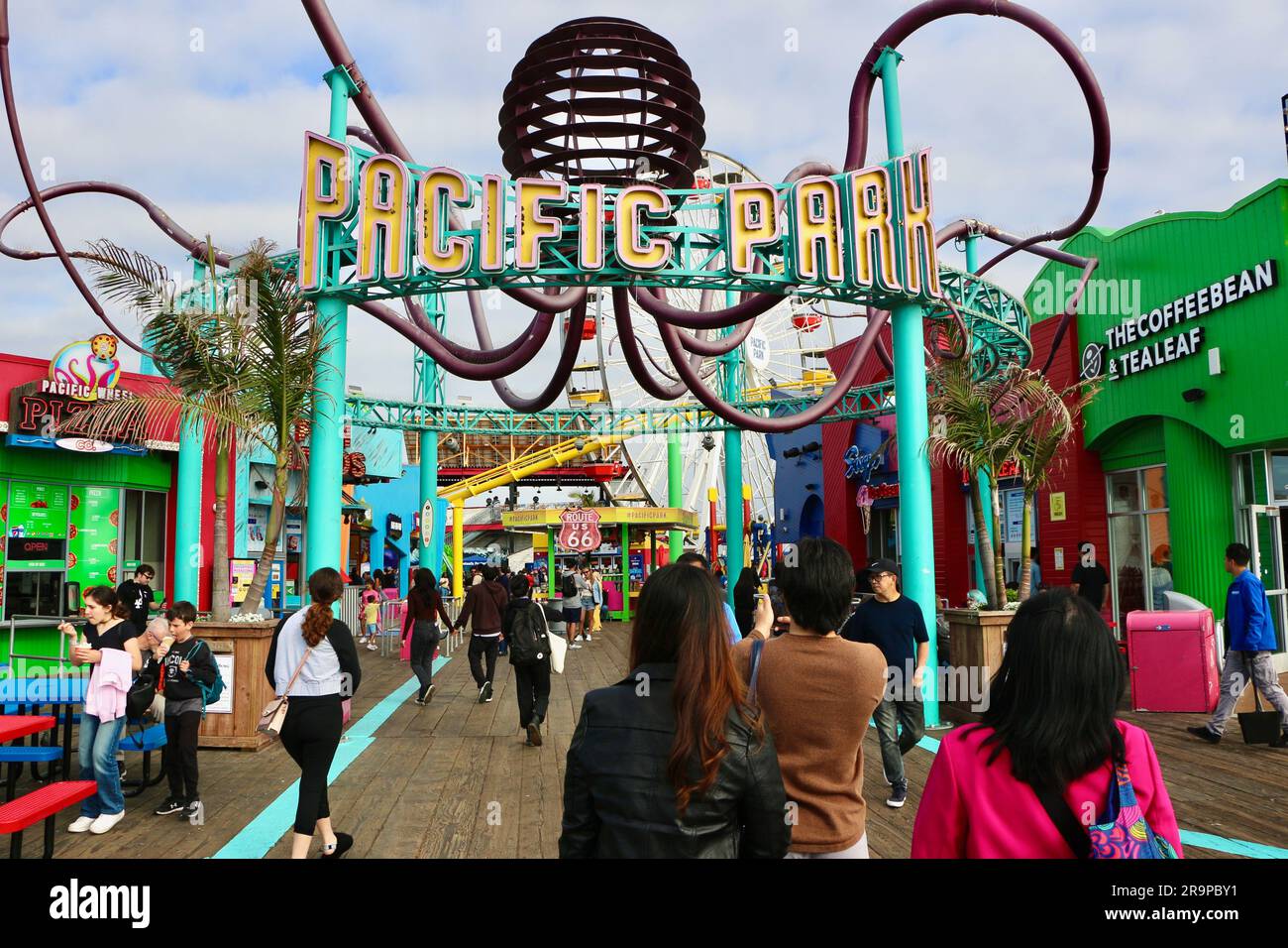 Octopus and sign for Pacific Park funfair Santa Monica Pier California USA Stock Photo