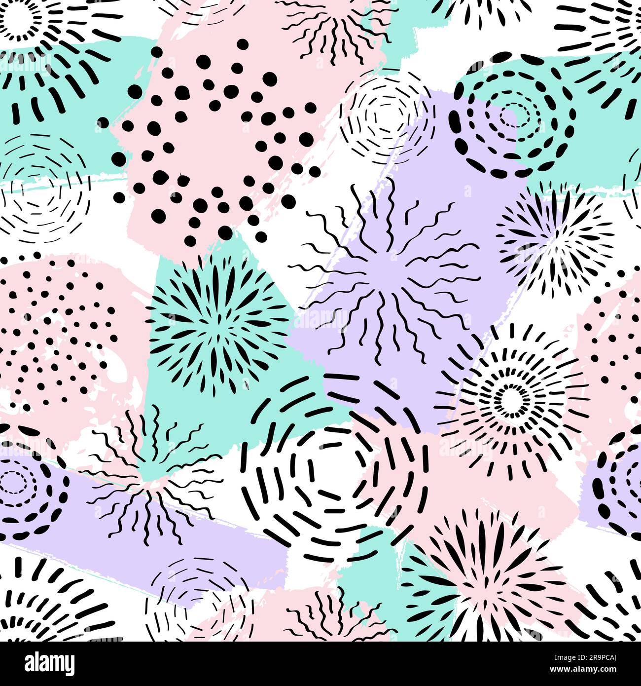 Vector seamless pattern with different ink circles and brush painted elements. Abstract trendy background with fireworks. Stock Vector