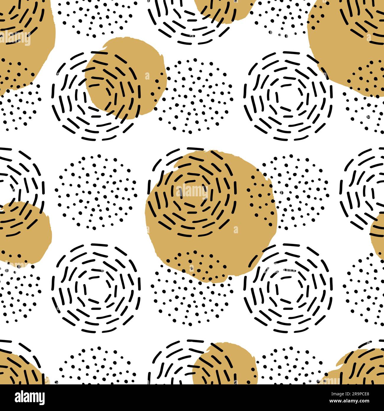 Vector seamless pattern with different round ink elements. Abstract trendy background with fireworks. Stock Vector