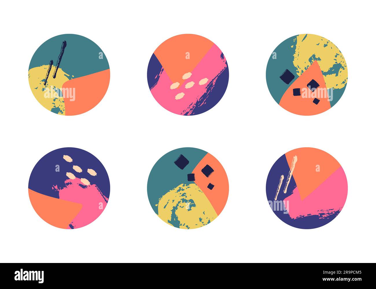Vector set of various colorful highlight covers for social media stories. Abstract round icons with liquid shapes, lines, geometric elements. Hand dra Stock Vector